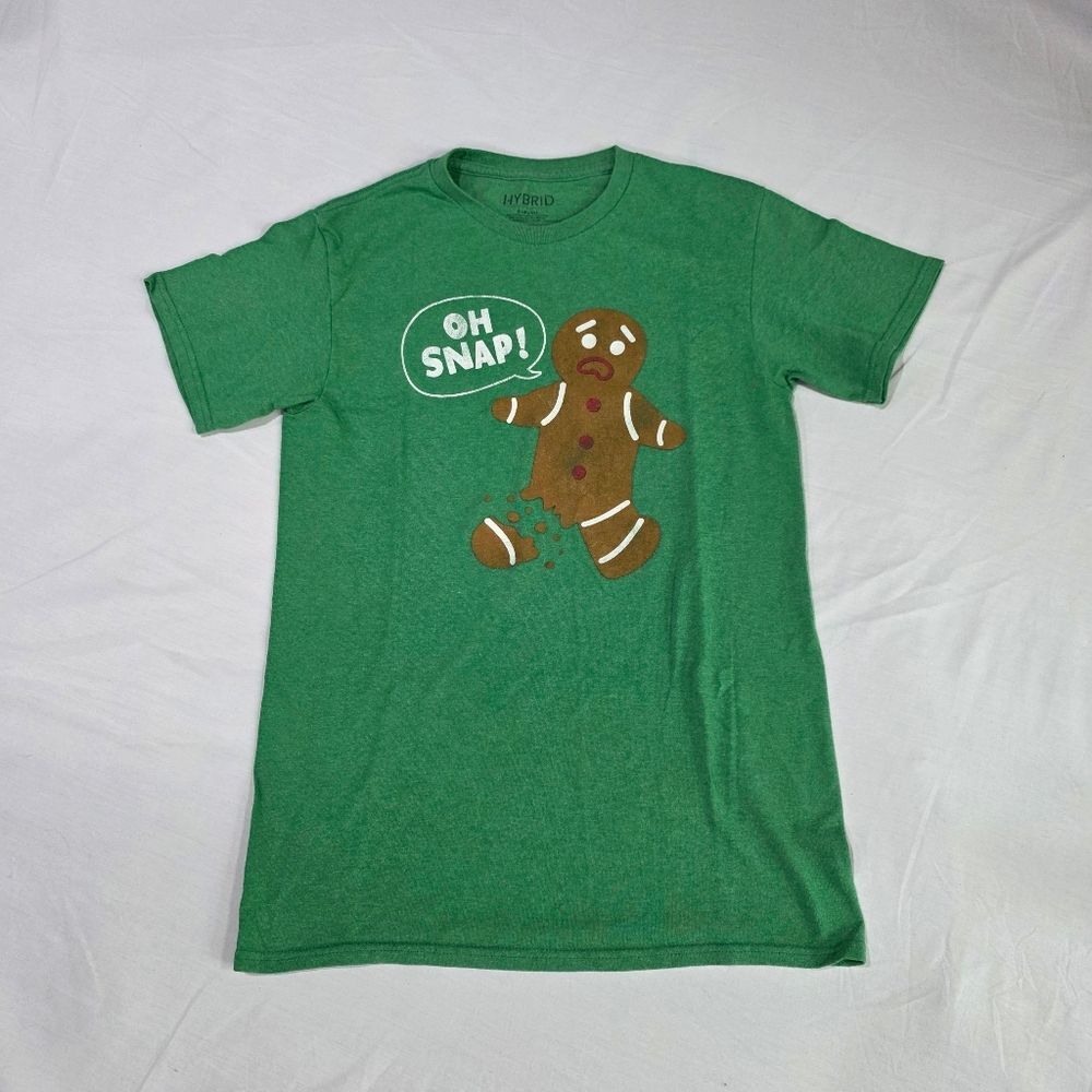Hybrid Green Gingerbread Graphic "Oh Snap" Cotton Blend Short Sleeve Tee Shirt.S